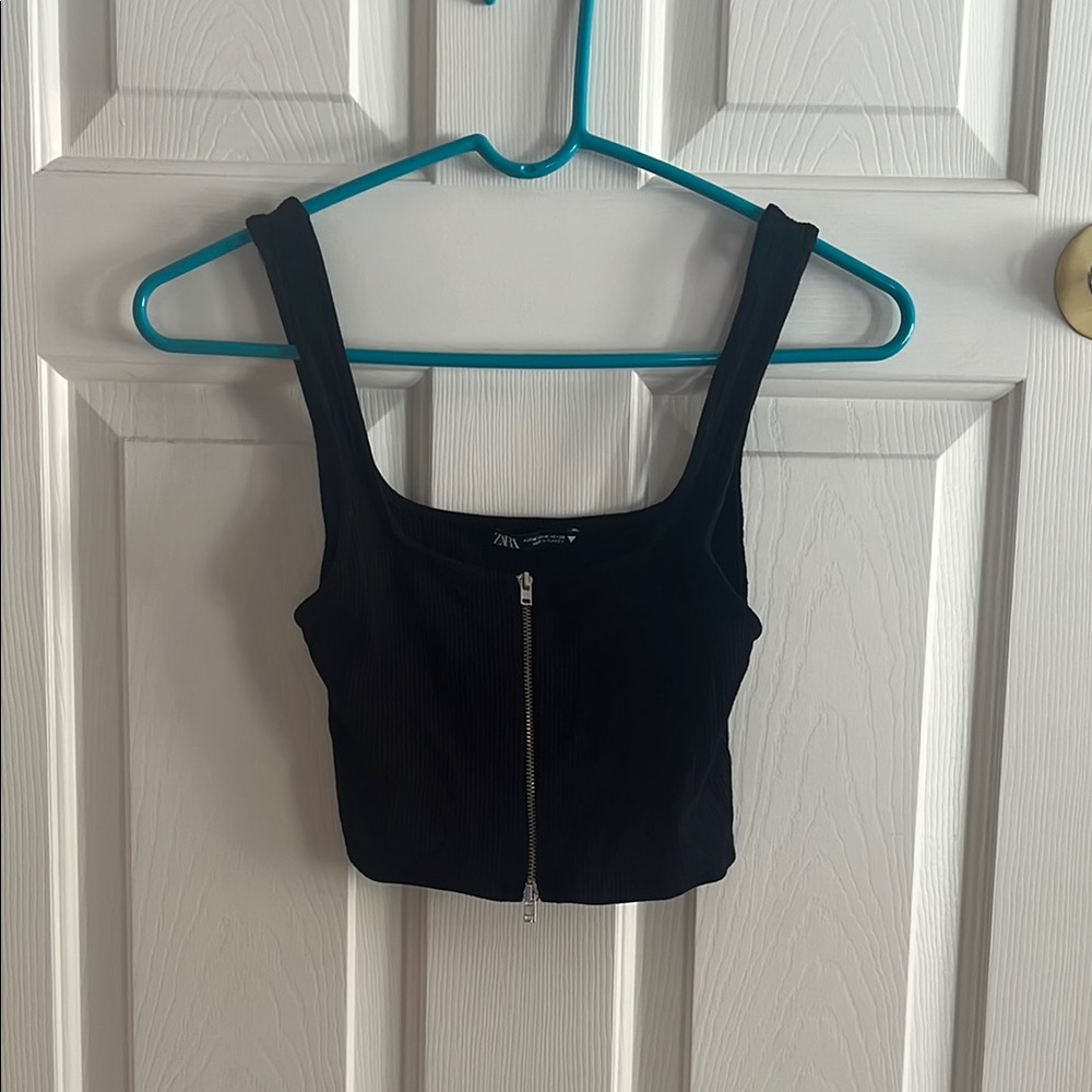 Zara Black Fitted Crop Tank Top with Silver Zipper